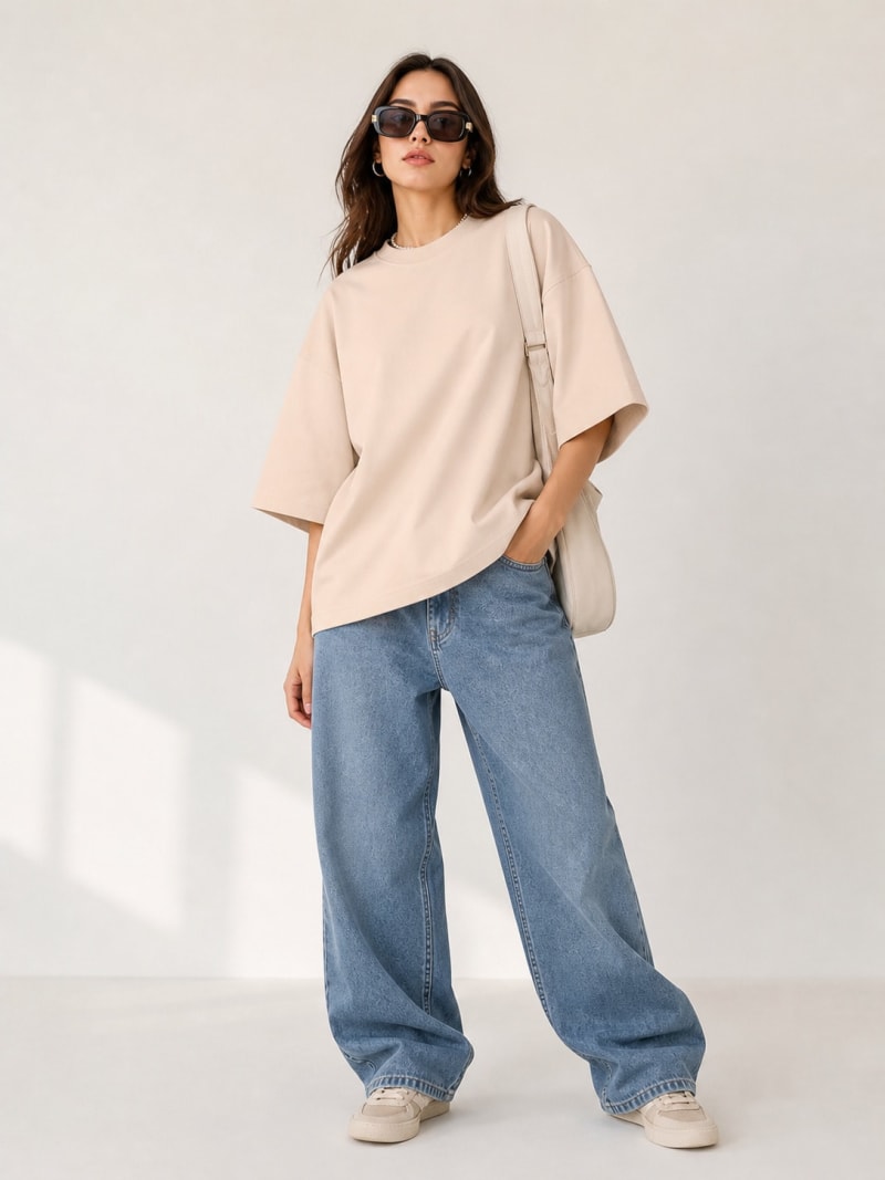 PockMAN Women Oversized Solid Pure Cotton Terry Desert Sand Tshirt - Image 4
