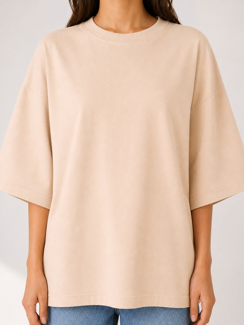 PockMAN Women Oversized Solid Pure Cotton Terry Desert Sand Tshirt - Image 5