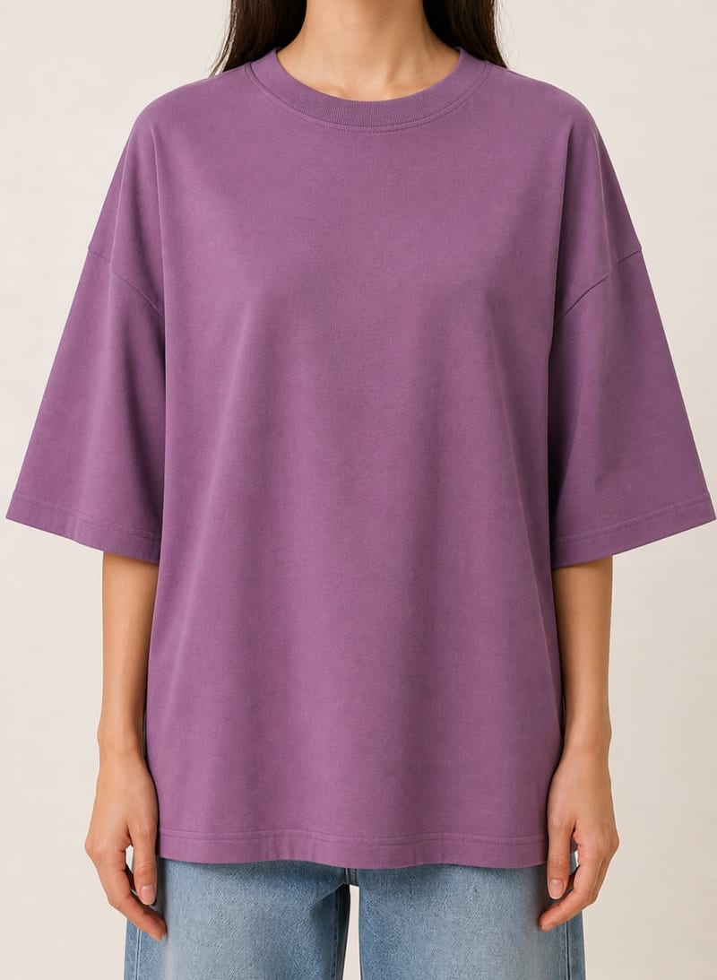 PockMAN Women Oversized Solid Pure Cotton Terry Mauve Tshirt - Image 5