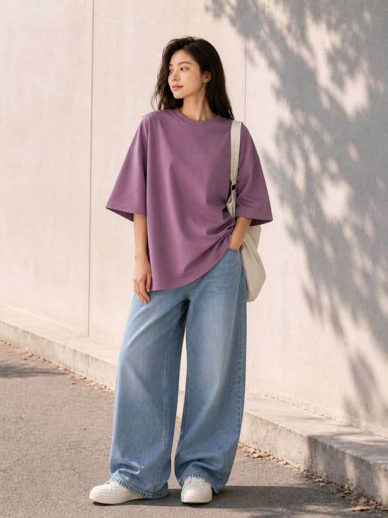 PockMAN Women Oversized Solid Pure Cotton Terry Mauve Tshirt - Image 4