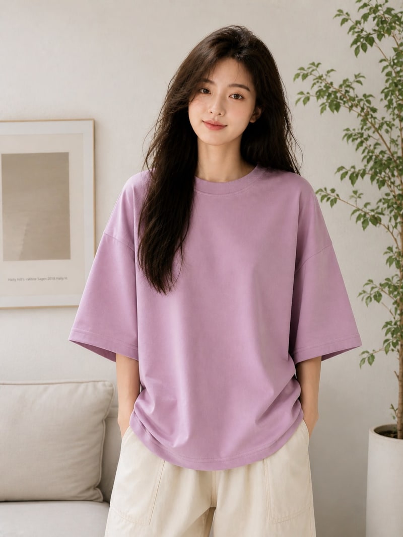 PockMAN Women Oversized Solid Pure Cotton Terry Dusty Lavender Tshirt - Image 4