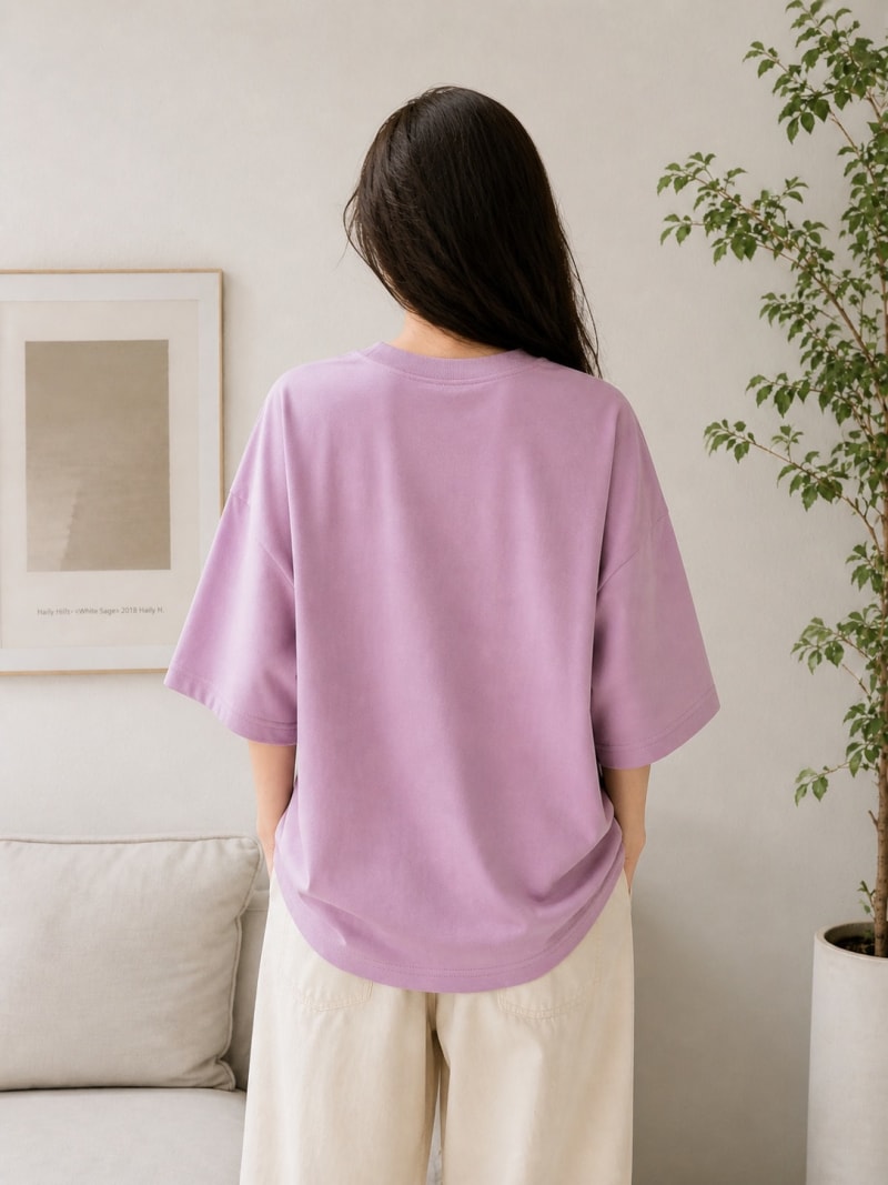 PockMAN Women Oversized Solid Pure Cotton Terry Dusty Lavender Tshirt - Image 6
