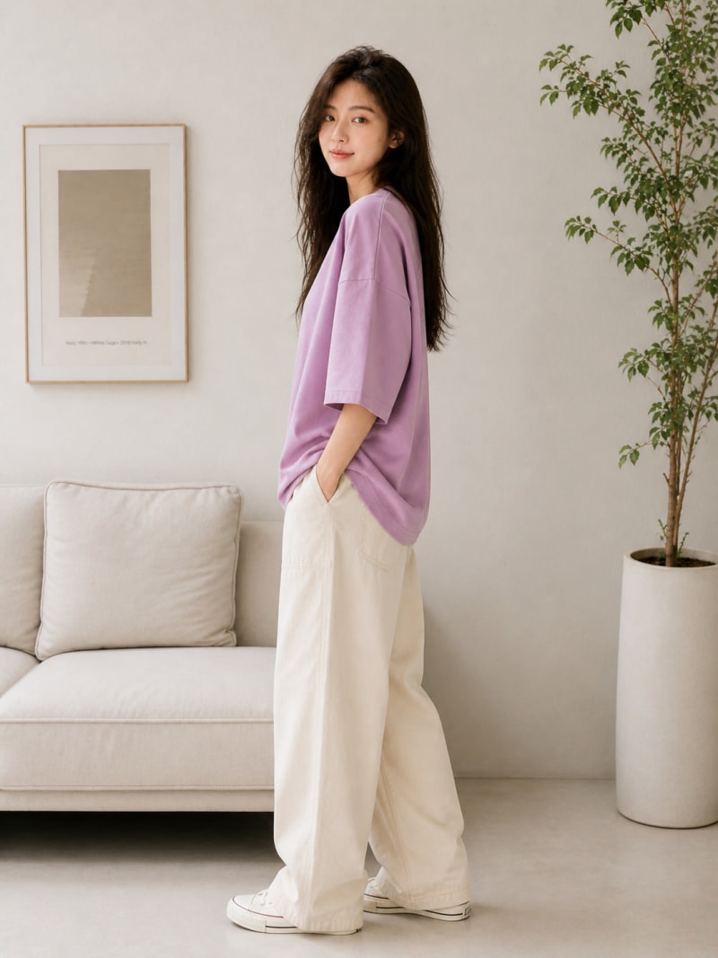 PockMAN Women Oversized Solid Pure Cotton Terry Dusty Lavender Tshirt - Image 3
