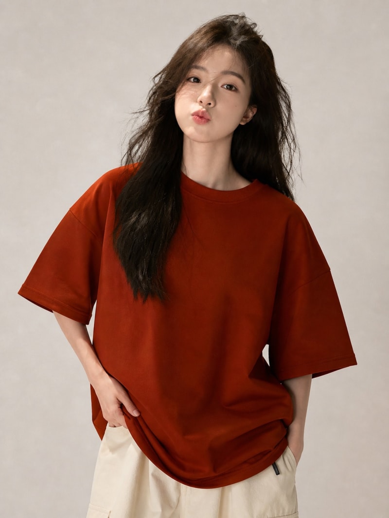 PockMAN Women Oversized Solid Pure Cotton Terry Rust Red Tshirt - Image 4