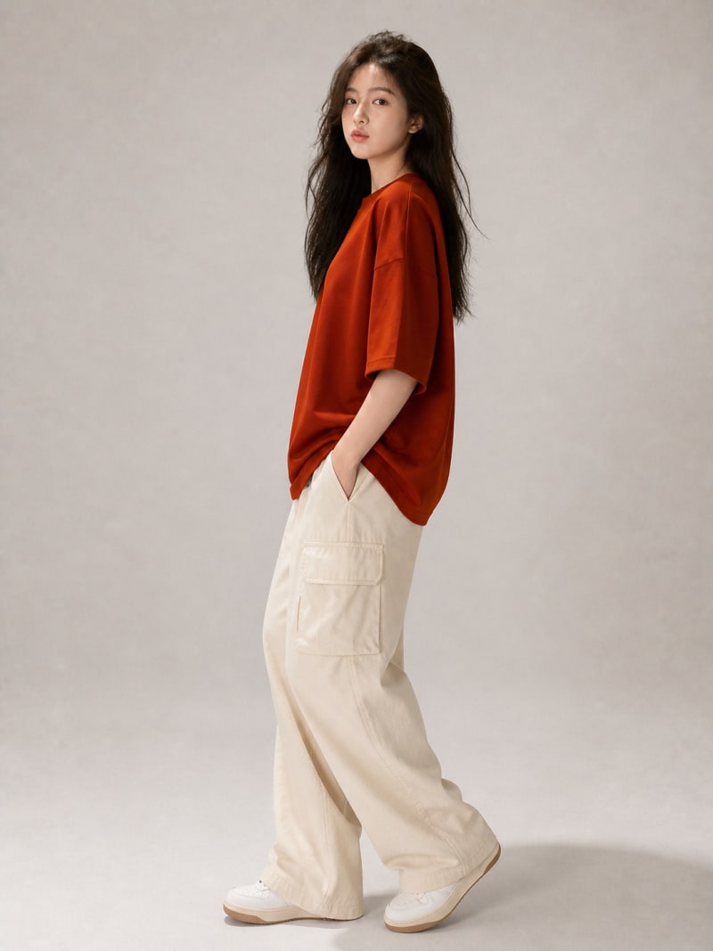 PockMAN Women Oversized Solid Pure Cotton Terry Rust Red Tshirt - Image 3