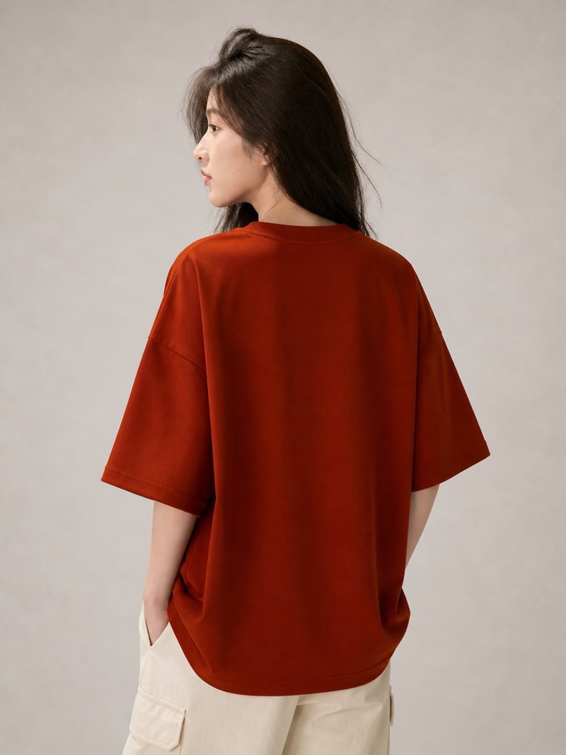 PockMAN Women Oversized Solid Pure Cotton Terry Rust Red Tshirt - Image 6