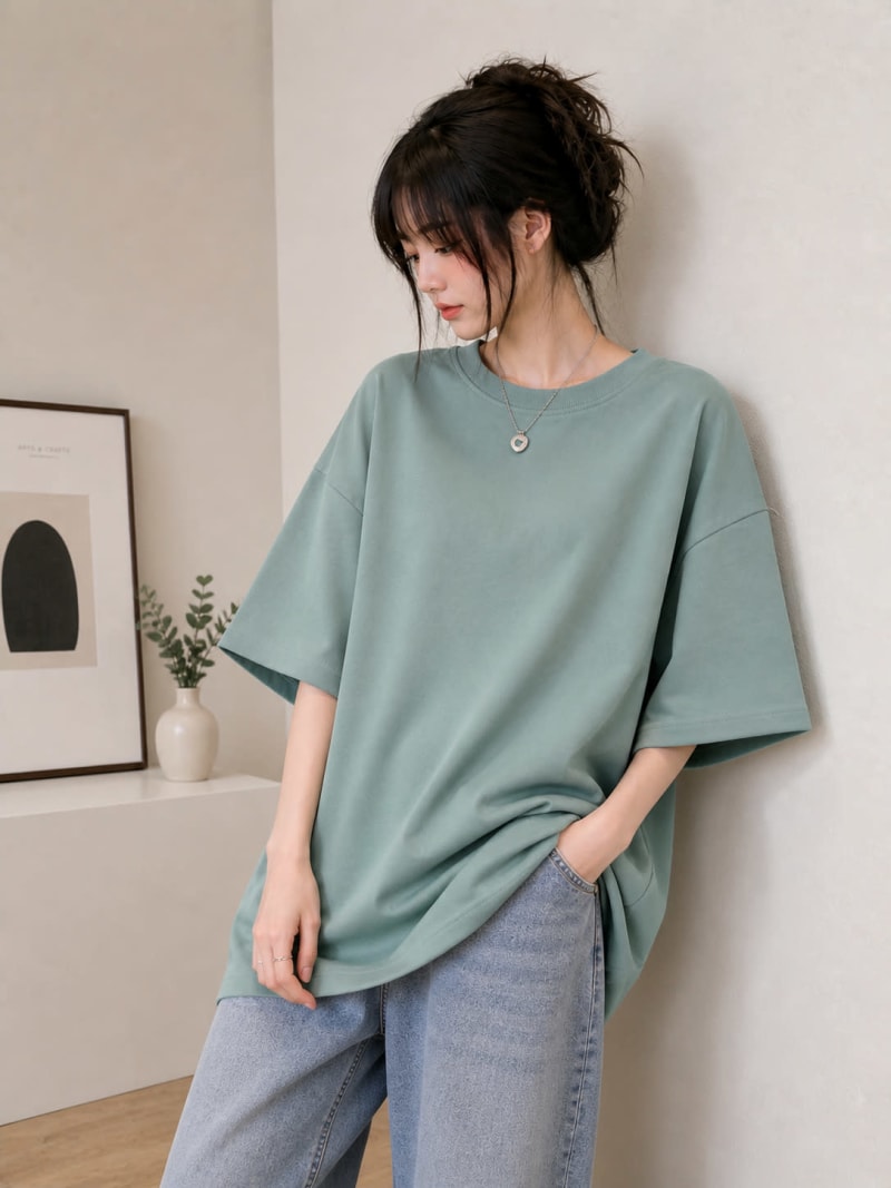 PockMAN Women Oversized Solid Pure Cotton Terry Greyish Teal Tshirt - Image 3