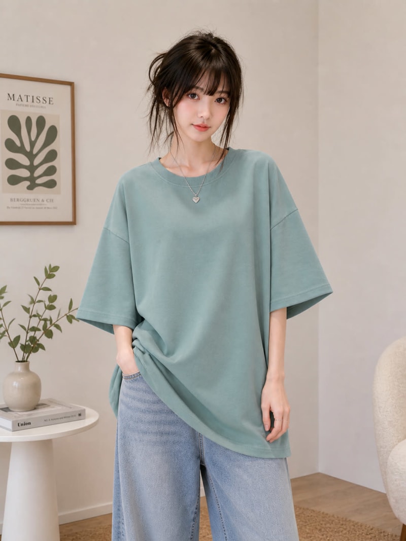 PockMAN Women Oversized Solid Pure Cotton Terry Greyish Teal Tshirt - Image 4