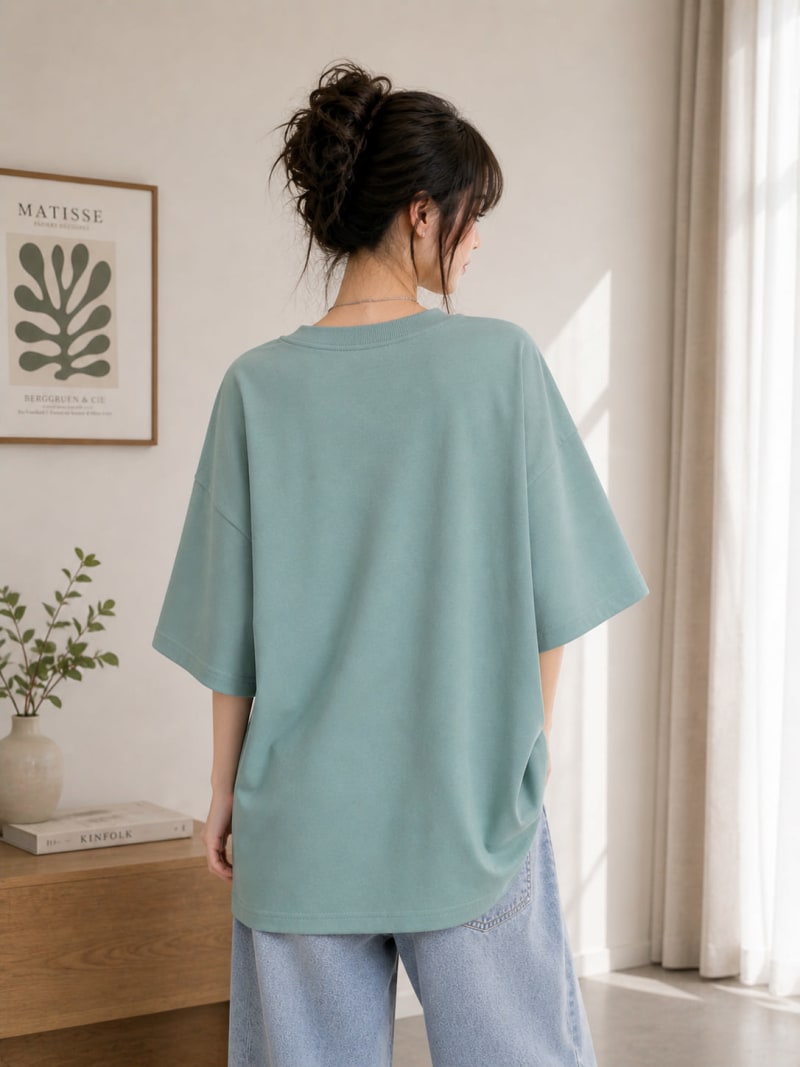 PockMAN Women Oversized Solid Pure Cotton Terry Greyish Teal Tshirt - Image 6
