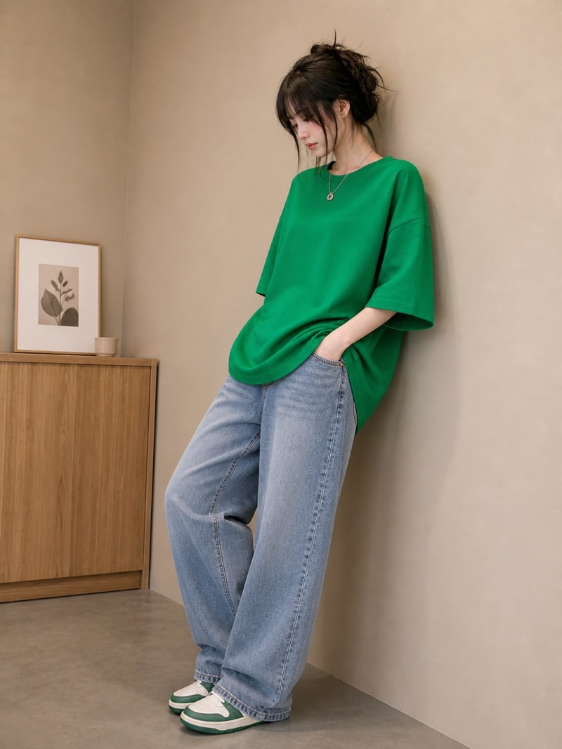 PockMAN Women Oversized Solid Pure Cotton Terry Green Tshirt - Image 3