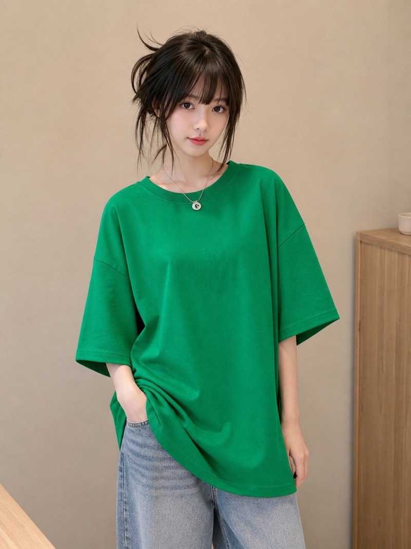 PockMAN Women Oversized Solid Pure Cotton Terry Green Tshirt - Image 4