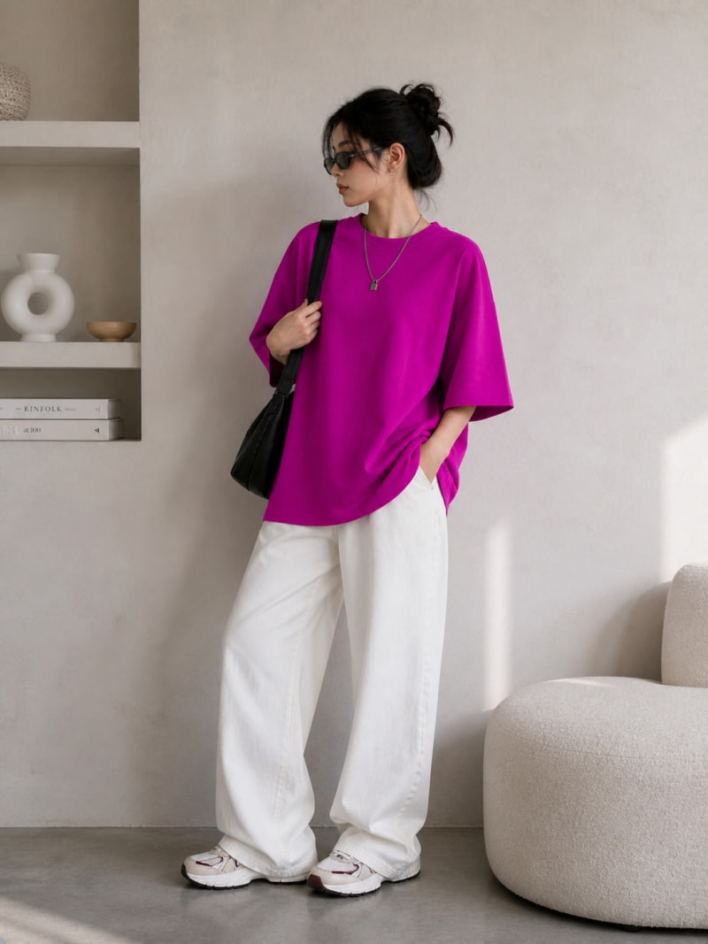 PockMAN Women Oversized Solid Pure Cotton Terry Dark Fuchsia Tshirt - Image 3
