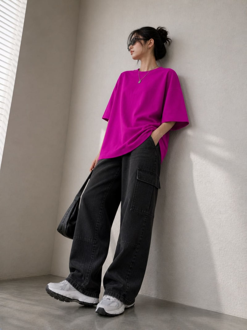 PockMAN Women Oversized Solid Pure Cotton Terry Dark Fuchsia Tshirt - Image 4