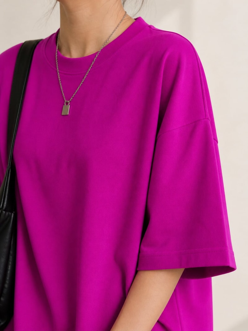 PockMAN Women Oversized Solid Pure Cotton Terry Dark Fuchsia Tshirt - Image 5