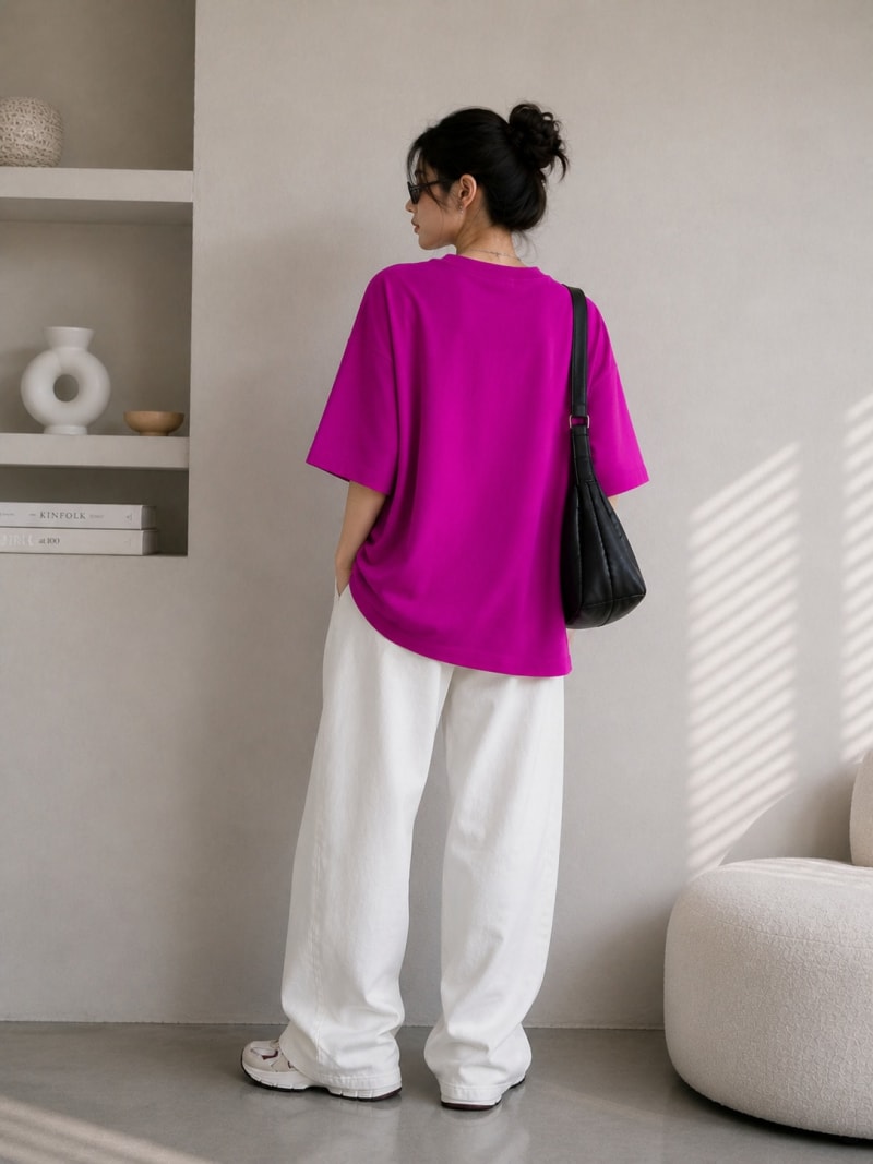 PockMAN Women Oversized Solid Pure Cotton Terry Dark Fuchsia Tshirt - Image 6