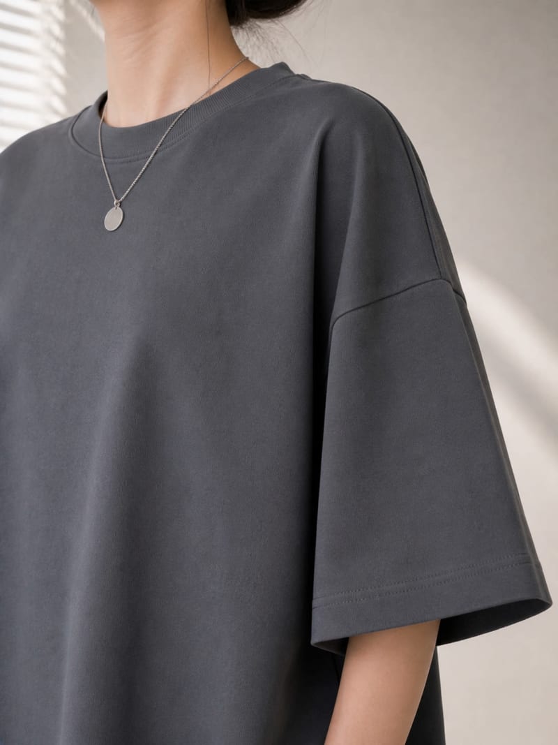 PockMAN Women Oversized Solid Pure Cotton Terry Dark Grey Tshirt - Image 5