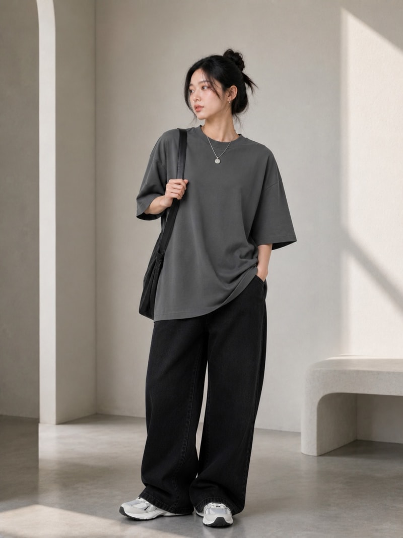 PockMAN Women Oversized Solid Pure Cotton Terry Dark Grey Tshirt - Image 4