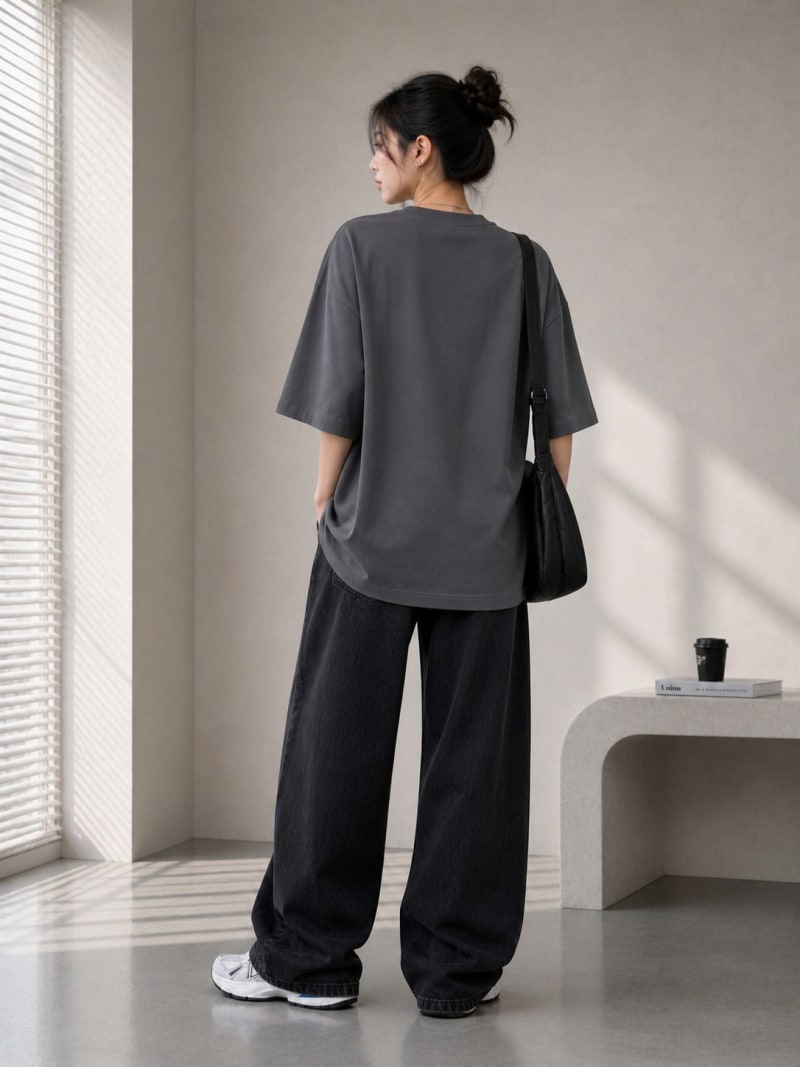 PockMAN Women Oversized Solid Pure Cotton Terry Dark Grey Tshirt - Image 6