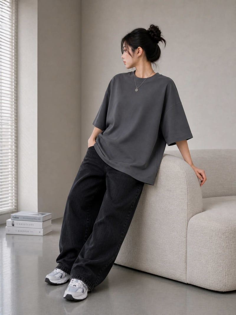 PockMAN Women Oversized Solid Pure Cotton Terry Dark Grey Tshirt - Image 3