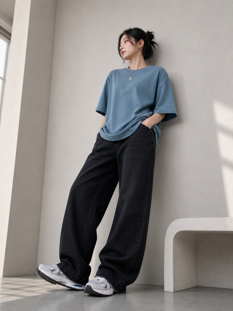 PockMAN Women Oversized Solid Pure Cotton Terry Moonstone Blue Tshirt - Image 3