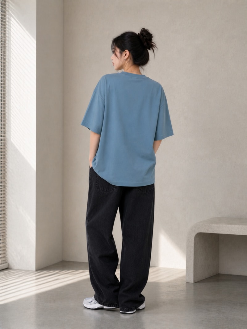 PockMAN Women Oversized Solid Pure Cotton Terry Moonstone Blue Tshirt - Image 6