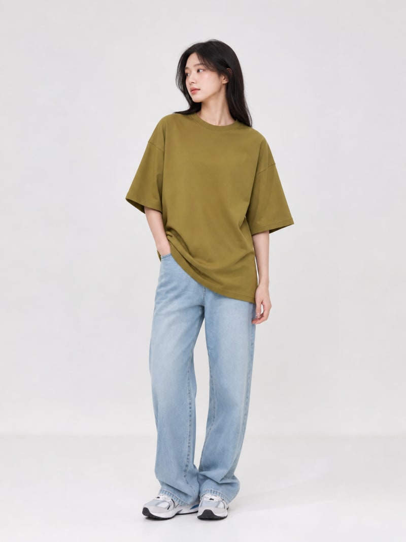 PockMAN Women Oversized Solid Pure Cotton Terry Olive Tshirt - Image 4