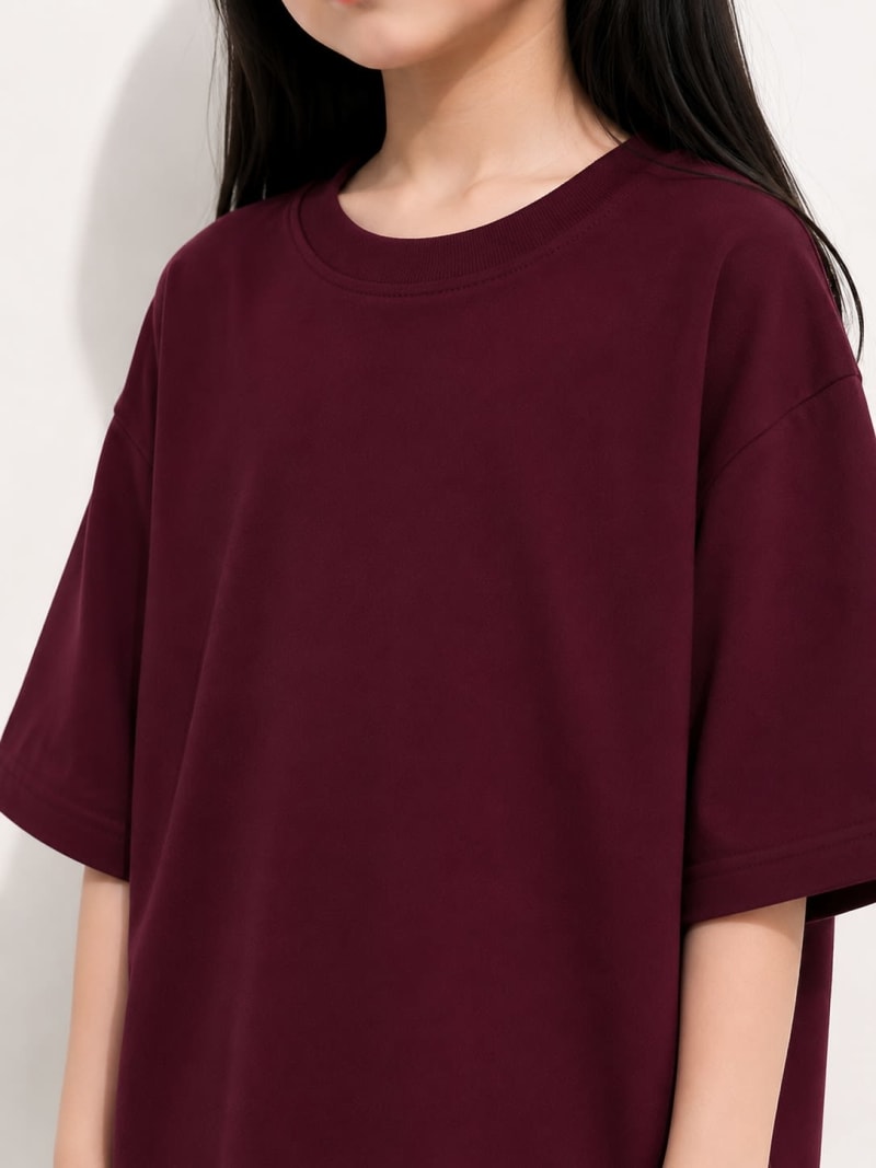 PockMAN Girls Oversized Solid Cotton Terry Classic Maroon Tshirt - Image 4