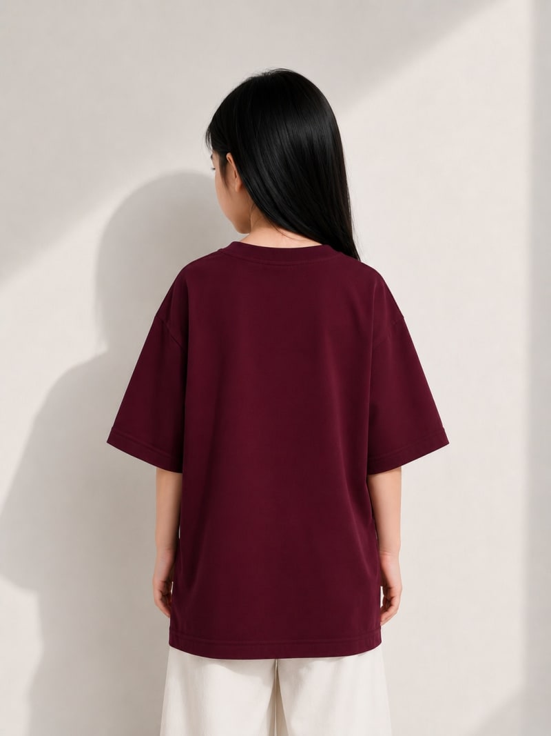 PockMAN Girls Oversized Solid Cotton Terry Classic Maroon Tshirt - Image 3