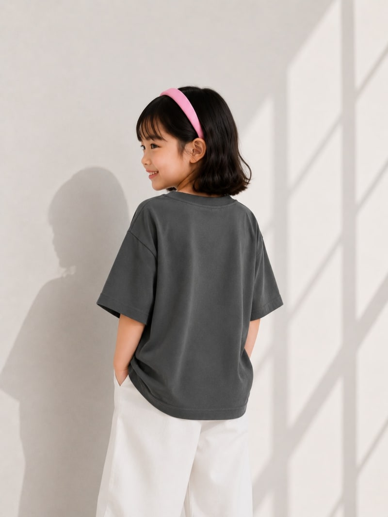 PockMAN Girls Oversized Solid Cotton Terry Classic Light Grey Tshirt - Image 3