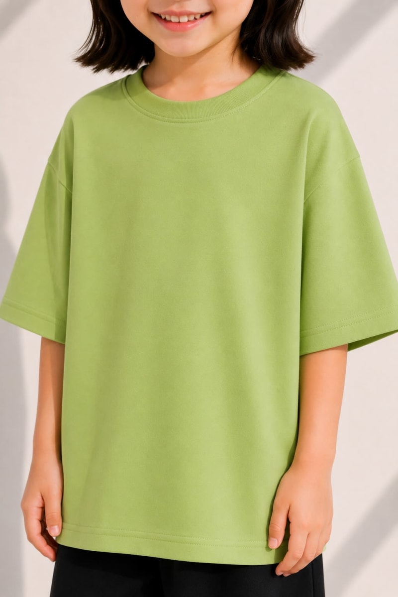 PockMAN Girls Oversized Solid Cotton Terry Classic Dull Green Tshirt - Image 3
