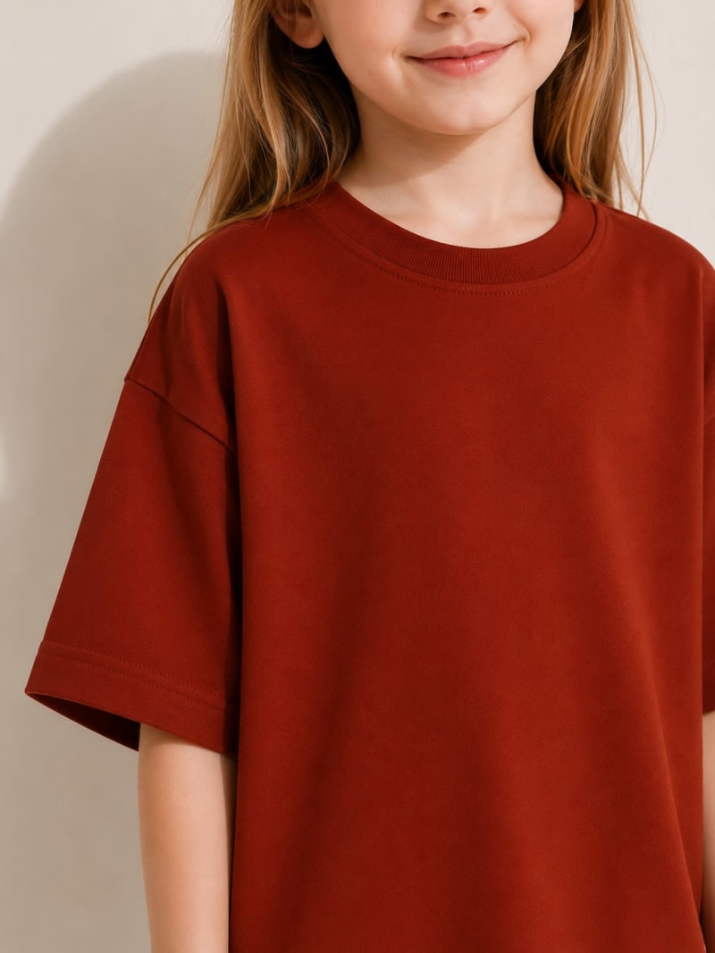 PockMAN Girls Oversized Solid Cotton Terry Classic Rust Red Tshirt - Image 3