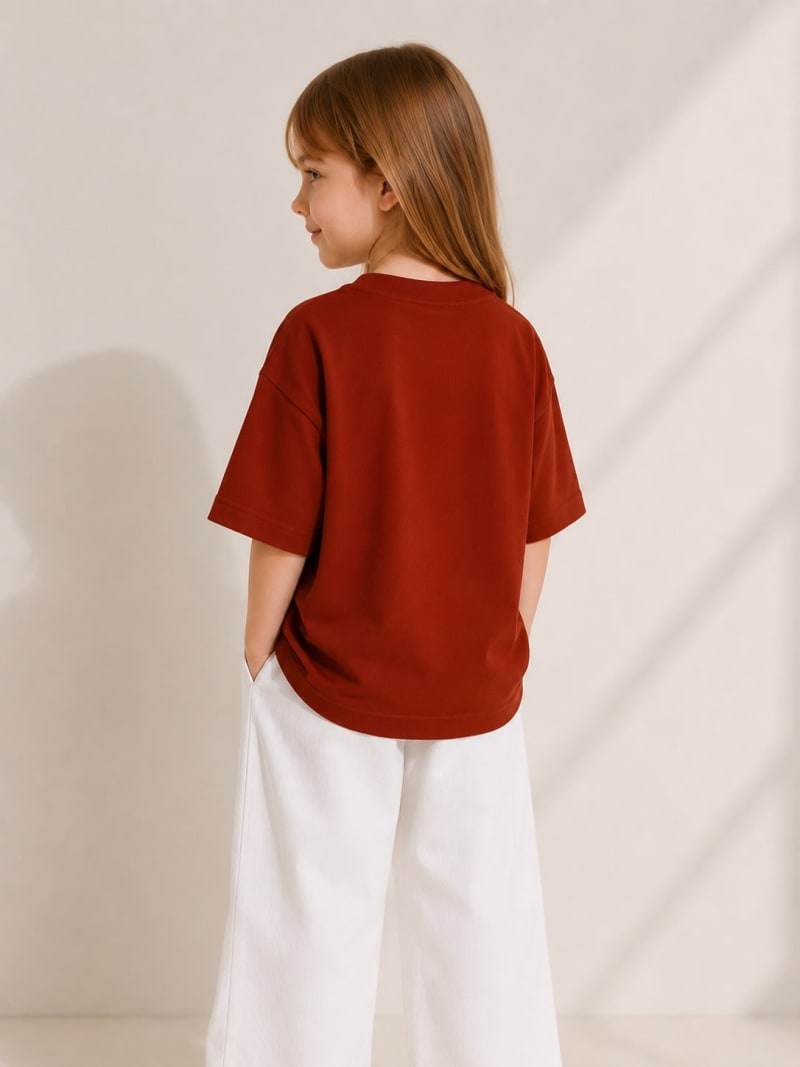 PockMAN Girls Oversized Solid Cotton Terry Classic Rust Red Tshirt - Image 4