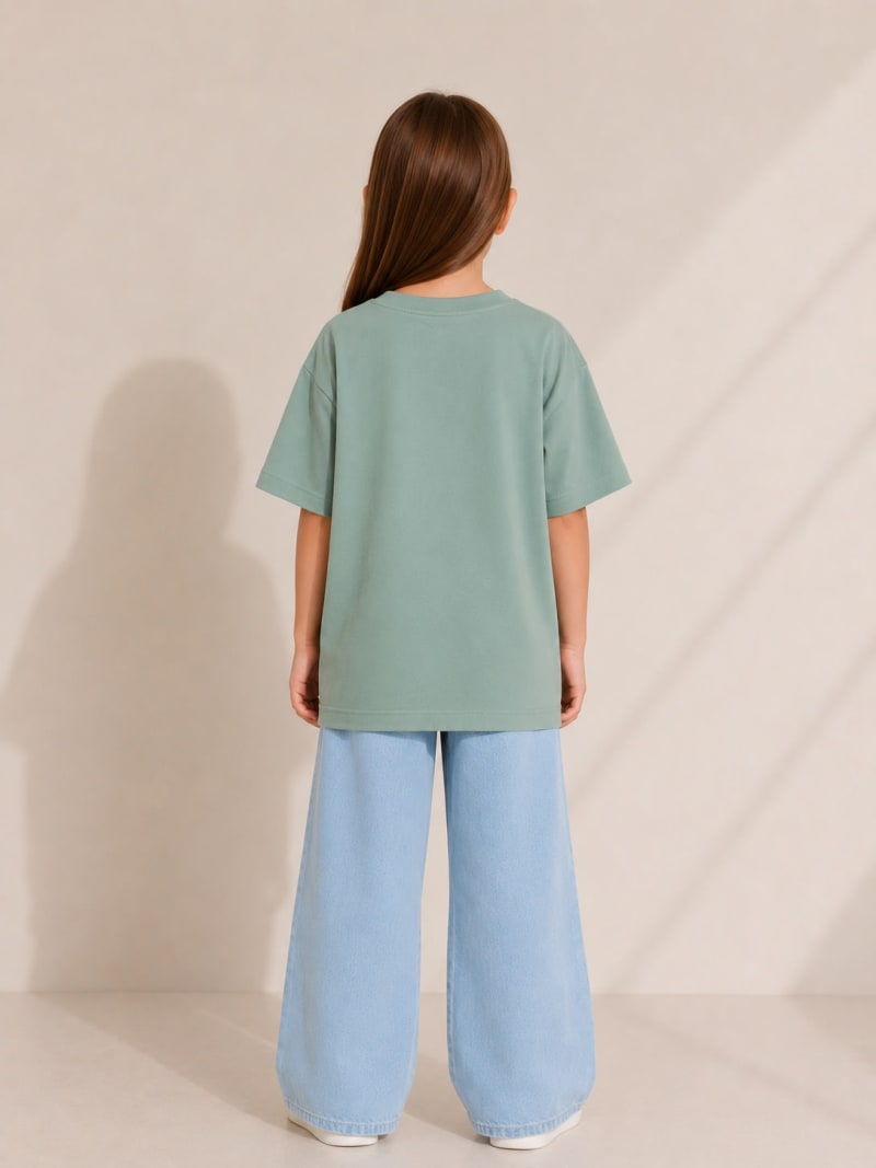 PockMAN Girls Oversized Solid Cotton Terry Classic Greyish Teal Tshirt - Image 3