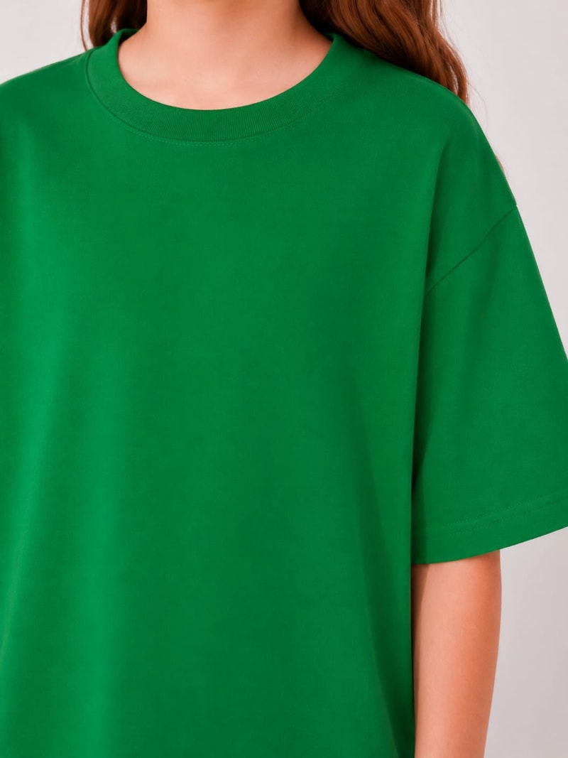 PockMAN Girls Oversized Solid Cotton Terry Classic Green Tshirt - Image 3