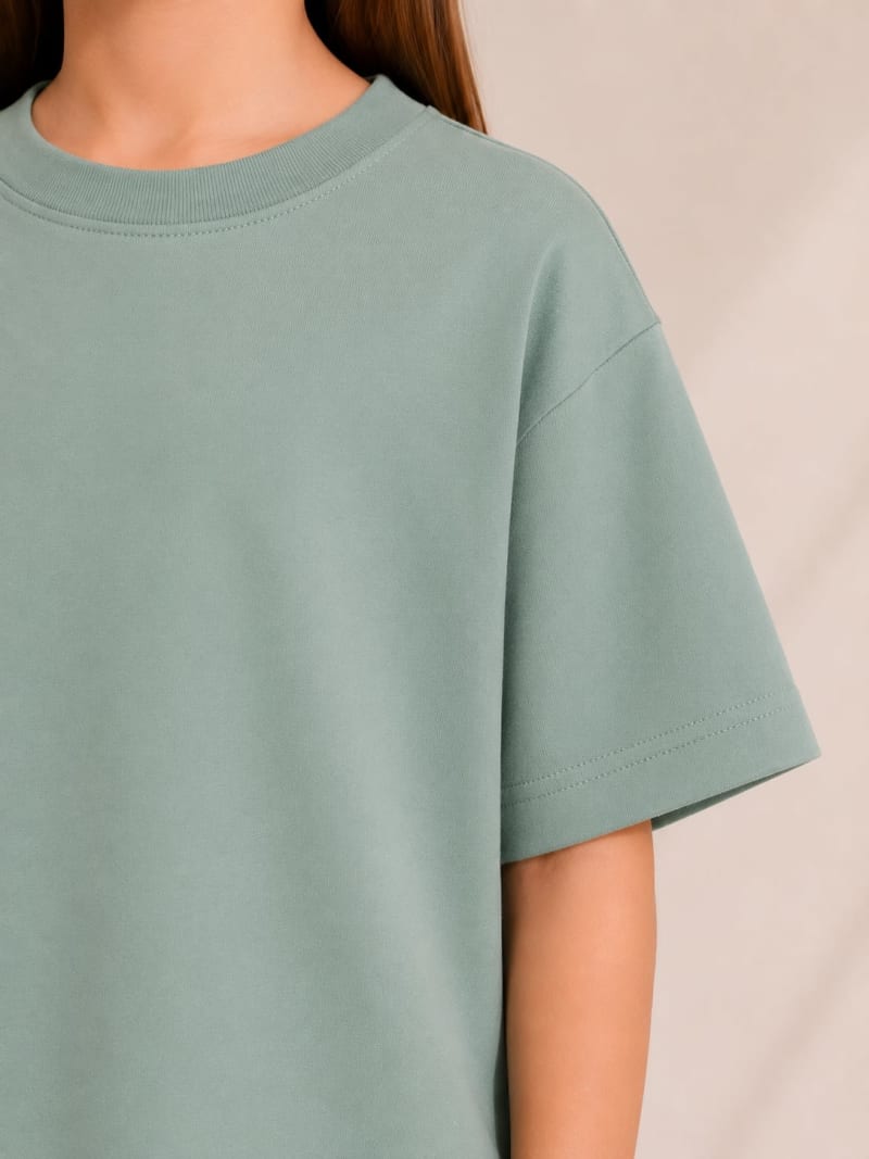PockMAN Girls Oversized Solid Cotton Terry Classic Greyish Teal Tshirt - Image 4