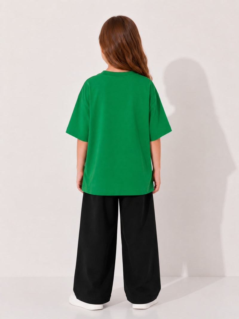 PockMAN Girls Oversized Solid Cotton Terry Classic Green Tshirt - Image 4