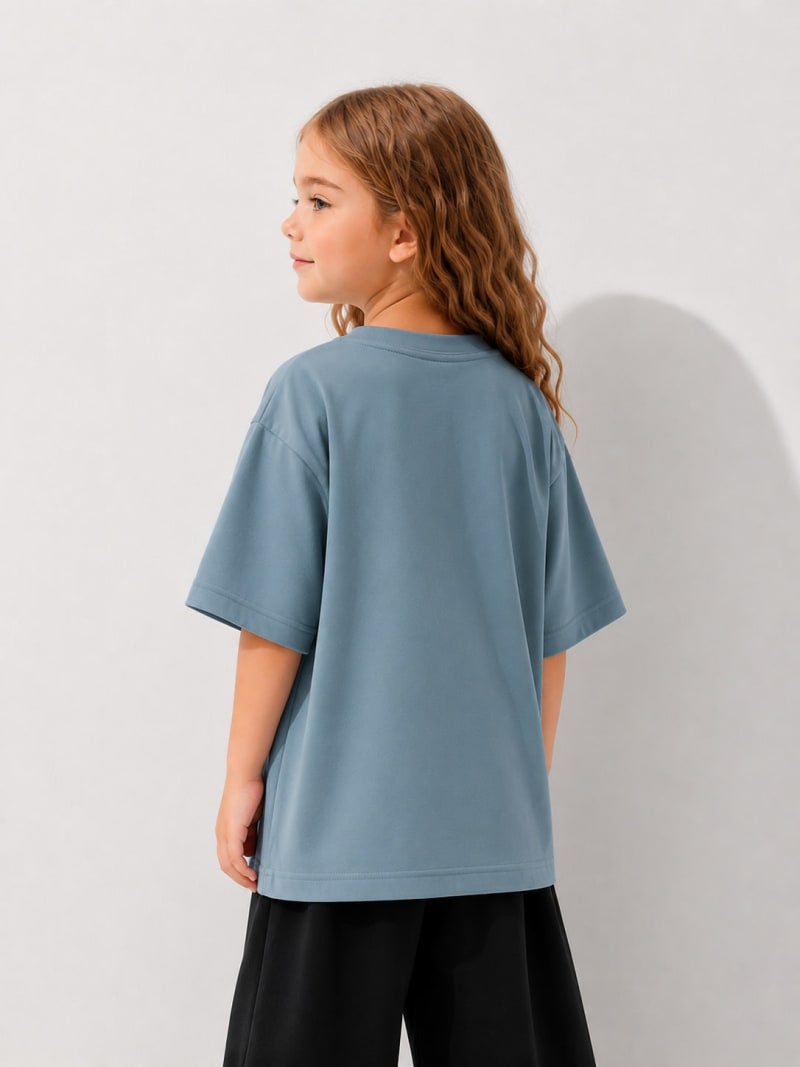 PockMAN Girls Oversized Solid Cotton Terry Classic Moonstone Blue Tshirt - Image 3