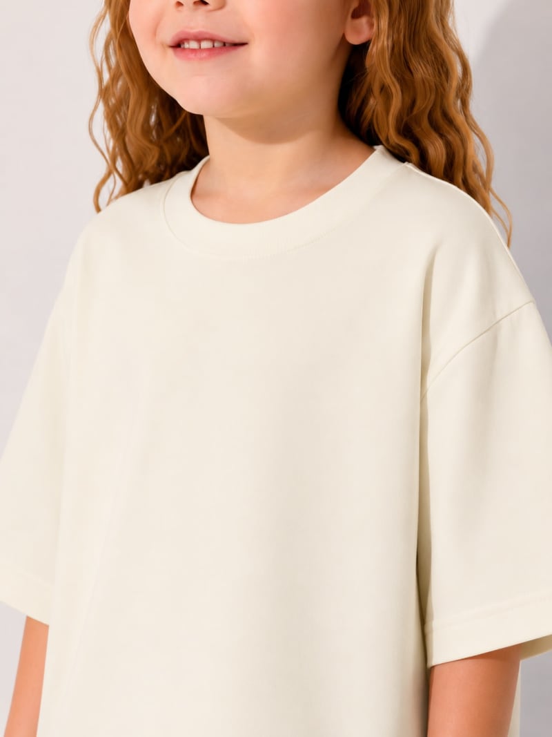 PockMAN Girls Oversized Solid Cotton Terry Classic Off White Tshirt - Image 3