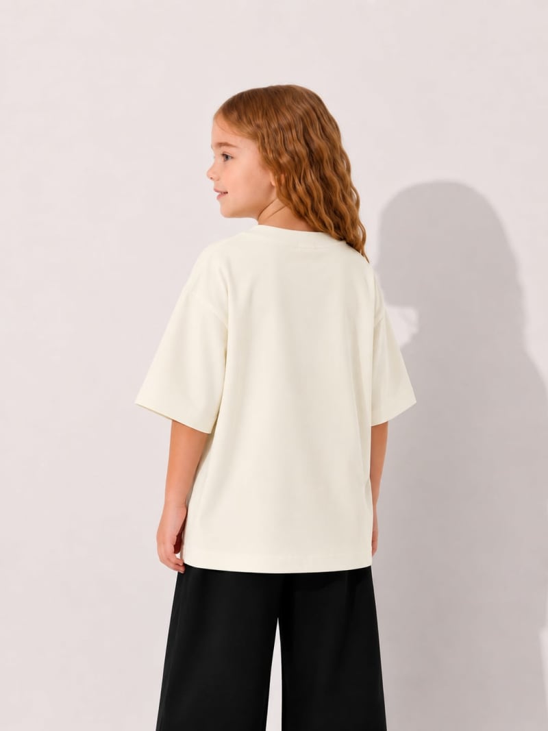 PockMAN Girls Oversized Solid Cotton Terry Classic Off White Tshirt - Image 4
