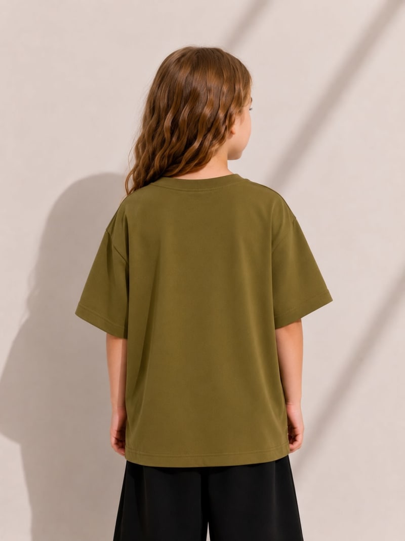PockMAN Girls Oversized Solid Cotton Terry Classic Olive Tshirt - Image 4