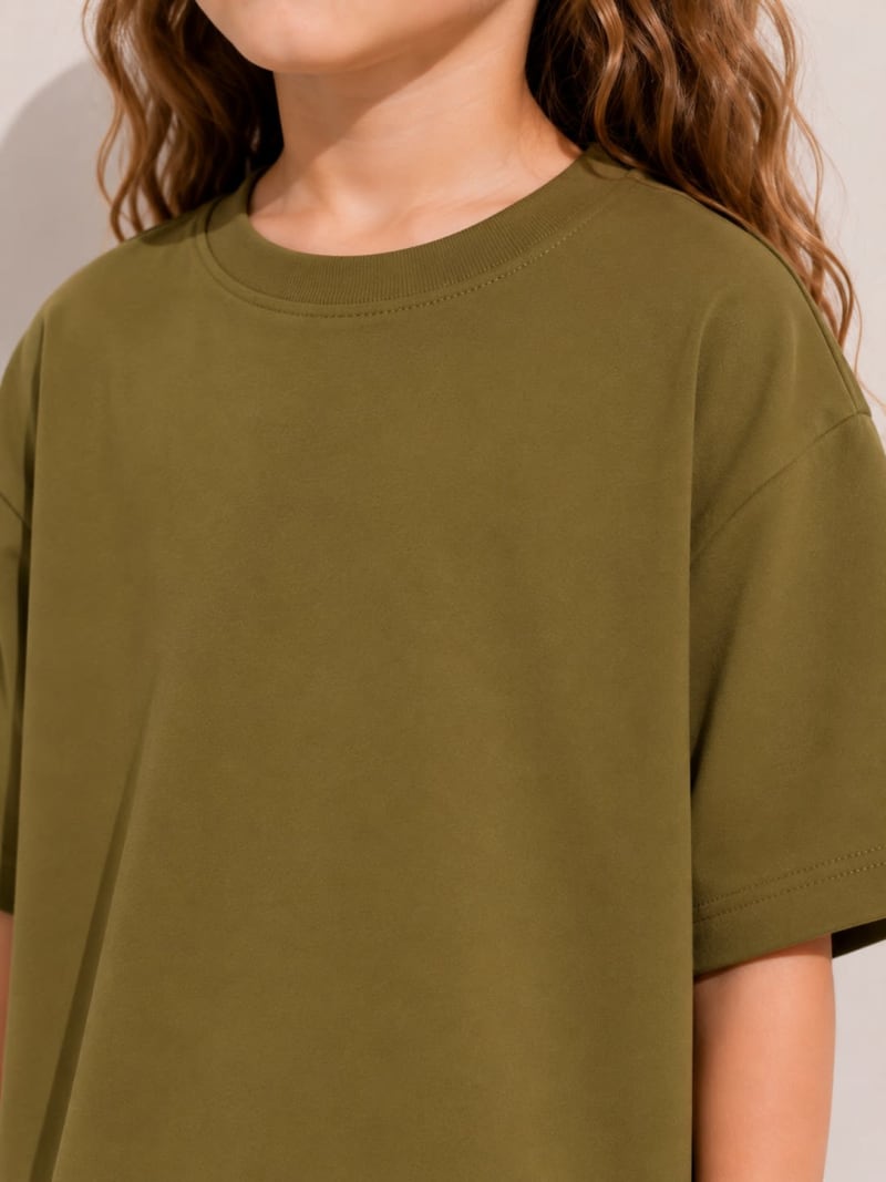 PockMAN Girls Oversized Solid Cotton Terry Classic Olive Tshirt - Image 3