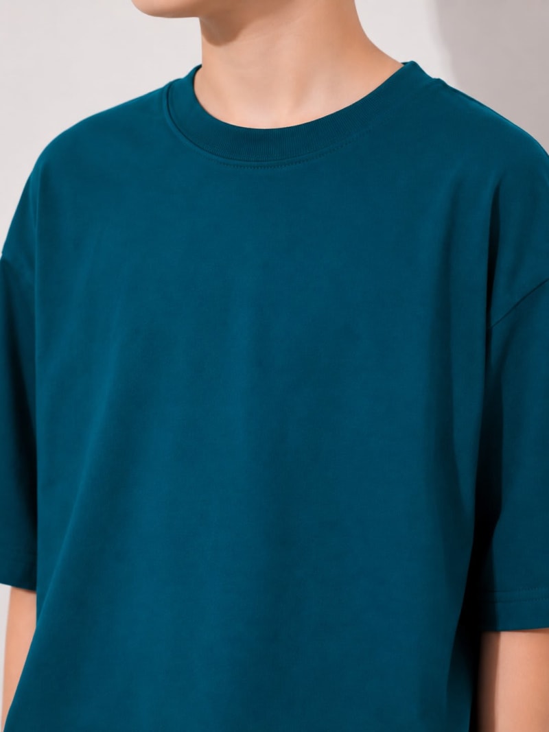 PockMAN Boys Oversized Solid Cotton Terry Classic Teal Tshirt - Image 4