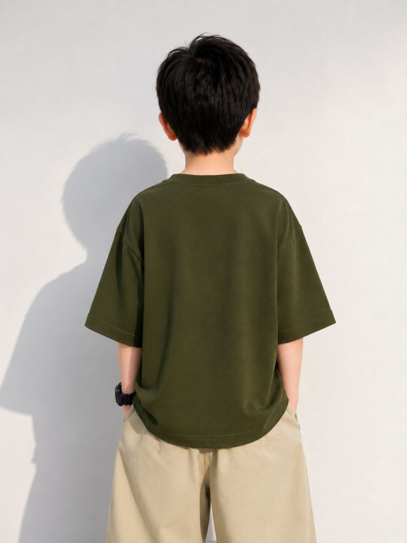 PockMAN Boys Oversized Solid Cotton Terry Classic Dark Olive Tshirt - Image 3