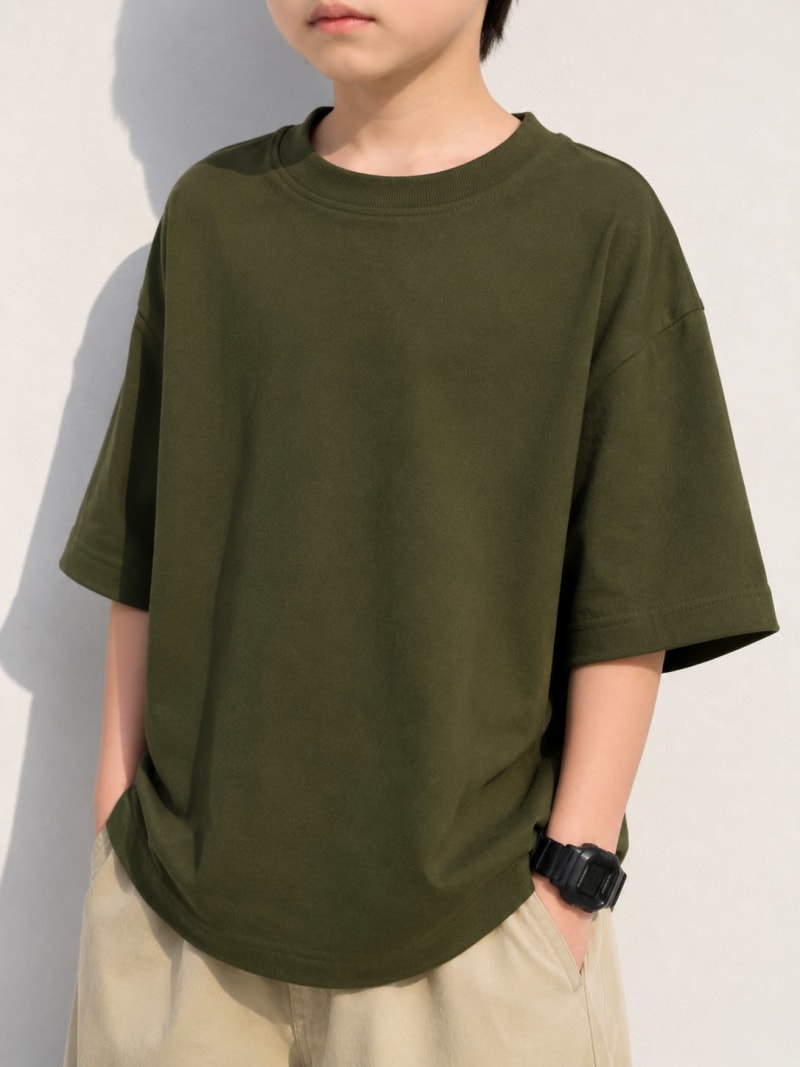 PockMAN Boys Oversized Solid Cotton Terry Classic Dark Olive Tshirt - Image 4