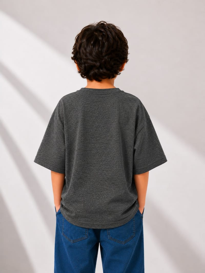 PockMAN Boys Oversized Solid Cotton Terry Classic Charcoal Grey Tshirt - Image 3