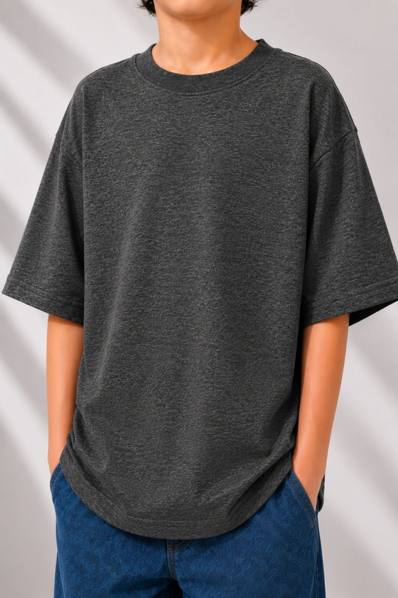 PockMAN Boys Oversized Solid Cotton Terry Classic Charcoal Grey Tshirt - Image 4