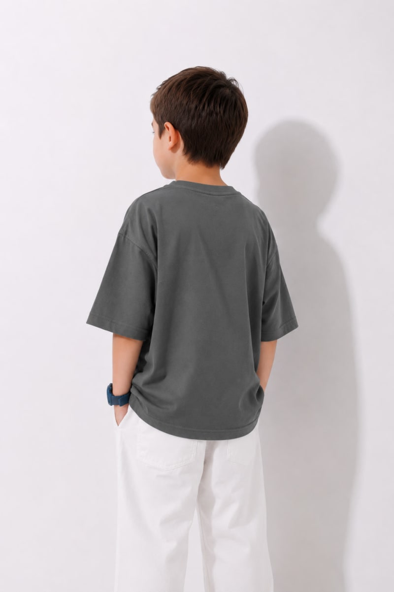 PockMAN Boys Oversized Solid Cotton Terry Classic Light Grey Tshirt - Image 3