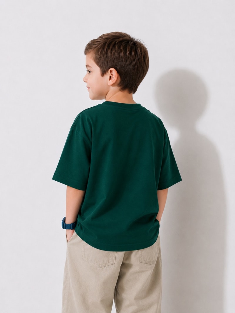 PockMAN Boys Oversized Solid Cotton Terry Classic Bottle Green Tshirt - Image 4