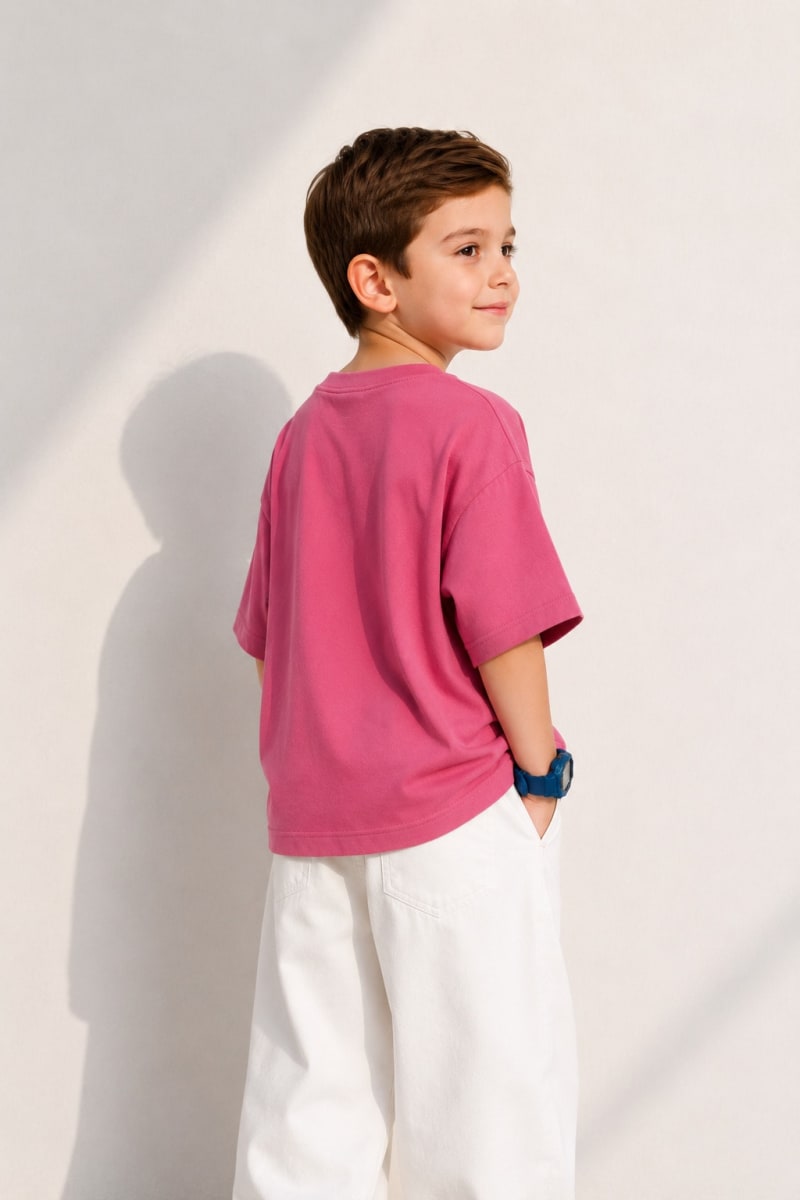 PockMAN Boys Oversized Solid Cotton Terry Classic Coral Pink Tshirt - Image 3