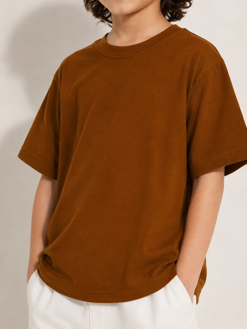 PockMAN Boys Oversized Solid Cotton Terry Classic Brown  Tshirt - Image 4